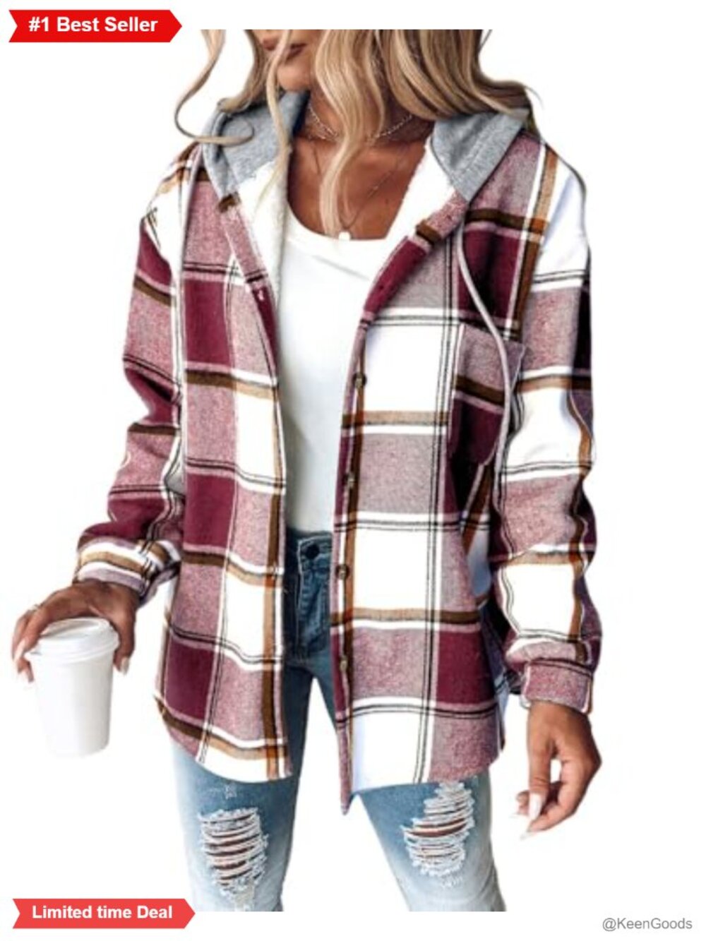 Plaid Hooded Fleece Lined Shacket Polyester Button Down Casual Jacket
